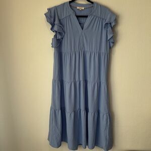 Umgee Collar Split Neck Short Ruffle Sleeves Tiered Midi Blue Dress Sz Xl Casual